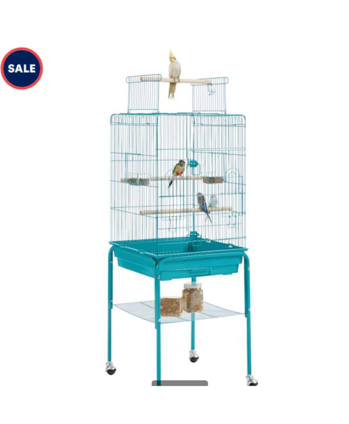 Teal Blue Metal Bird Cage with Detachable Rolling Stand for Small Birds, 47